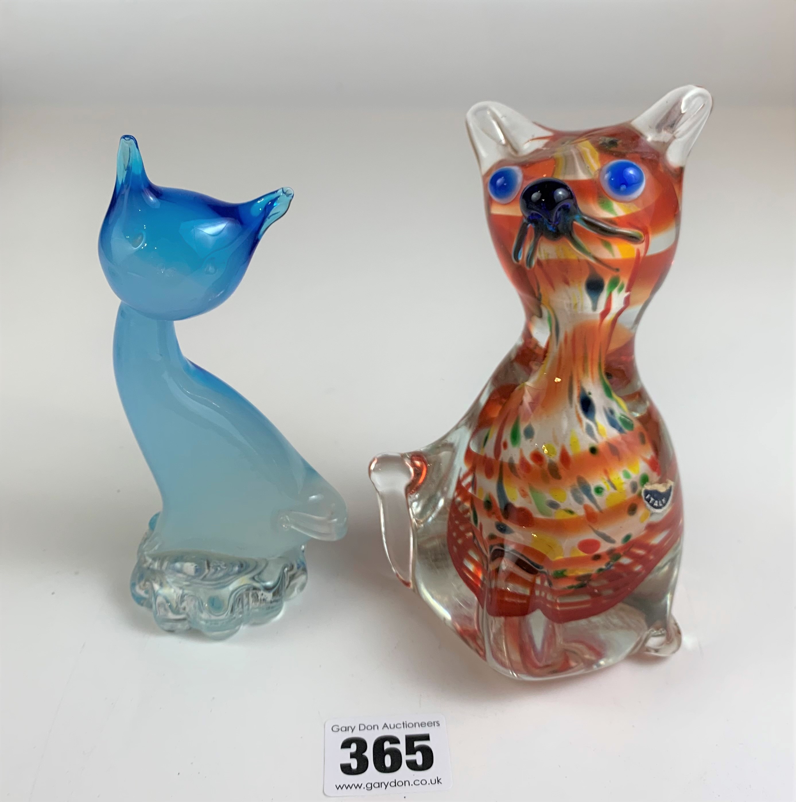 Murano striped glass cat 6” high and blue glass cat 5.5” high. No damage