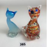 Murano striped glass cat 6” high and blue glass cat 5.5” high. No damage