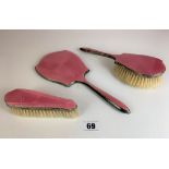 3 piece silver and pink enamel brush set – hairbrush, clothes brush and hand mirror