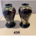 Pair of small Moorcroft purple pansy pattern vases, 4” high. No damage
