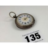 Silver ladies fob watch with enamel face, 1.5” diameter, not working