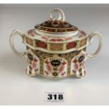 Old Imari Royal Crown Derby sugar bowl and cover, 5” high x 7” wide. Good condition