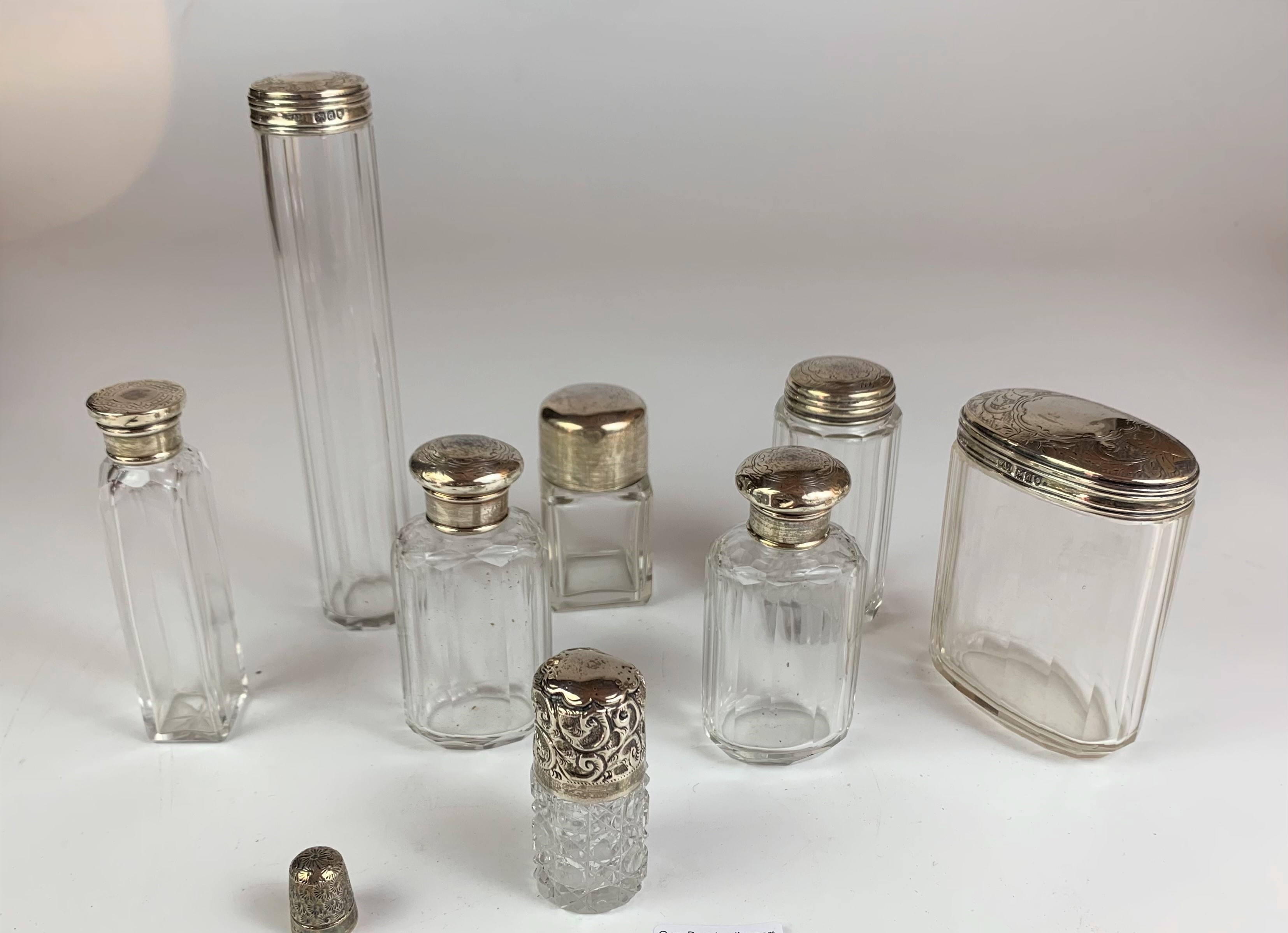 8 assorted silver topped glass bottles and silver thimble, tallest bottle 7” high - Image 2 of 6