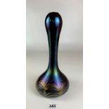 Art Nouveau iridescent purple glass vase converted to lamp base 13” high.