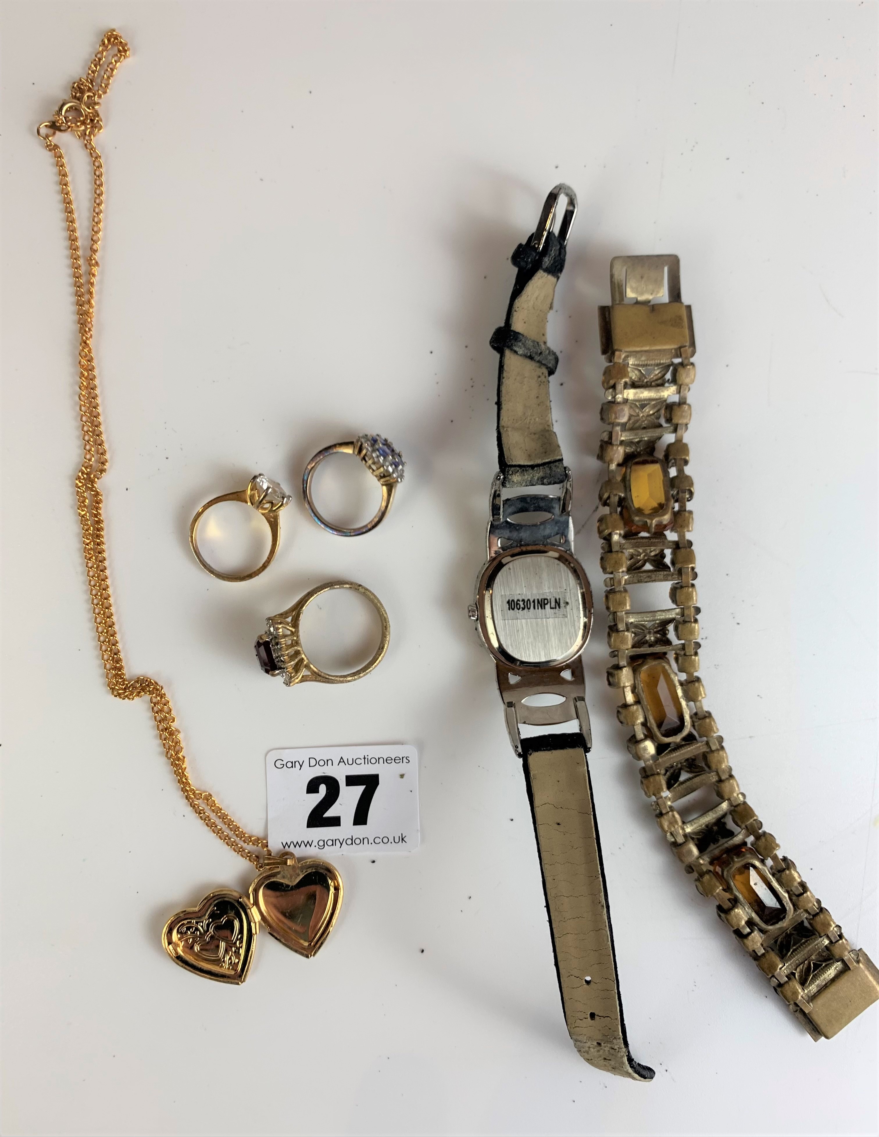 Dress jewellery – watch, bracelet, necklace with locket and 3 rings - Image 5 of 5