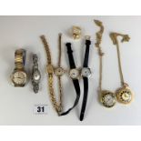 6 dress wristwatches, 2 watches on chains and ring watch
