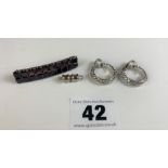 Pair of dress diamante clip earrings and red stone brooch
