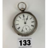 Silver pocket watch, A.W.W. Waltham, Mass., 2” diameter, not working. Total w: 2.9 ozt
