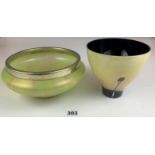 Green iridescent glass bowl with plated rim, 9” diameter and art pottery vase 5.5” high x 6”