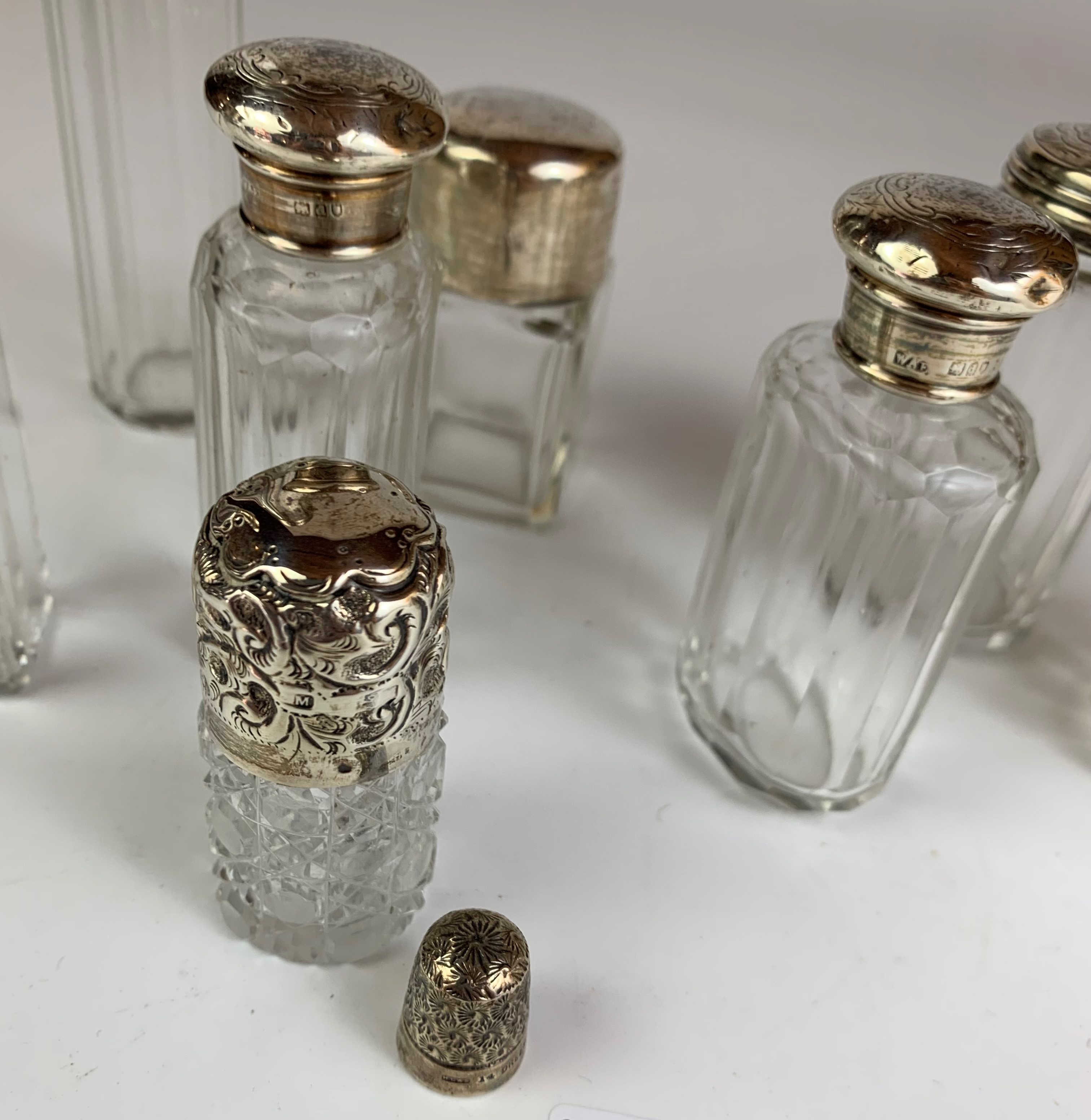 8 assorted silver topped glass bottles and silver thimble, tallest bottle 7” high - Image 6 of 6