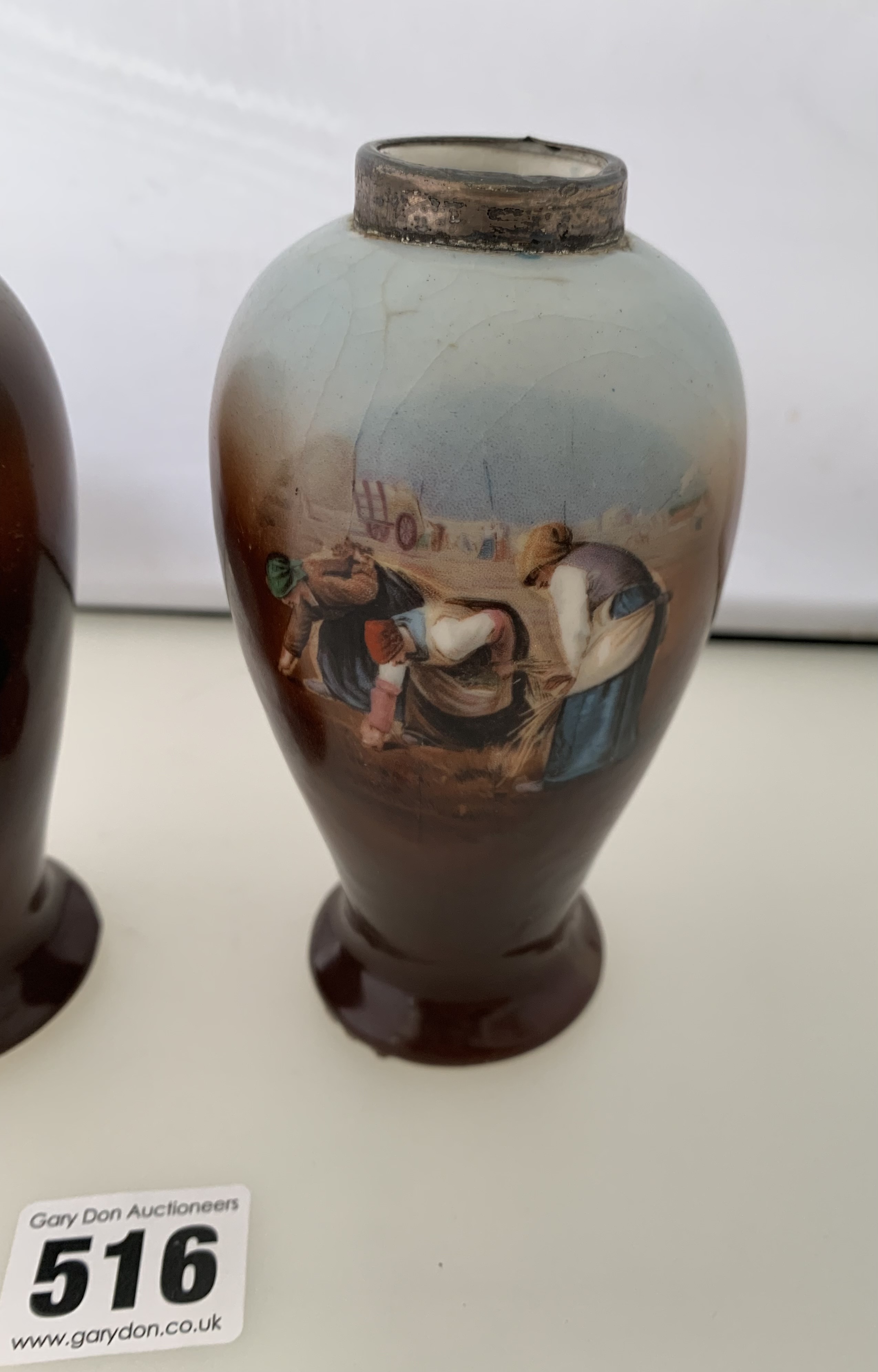 Pair of silver rimmed porcelain painted vases with scenes of harvesting. 5” high. Few surface - Bild 3 aus 8