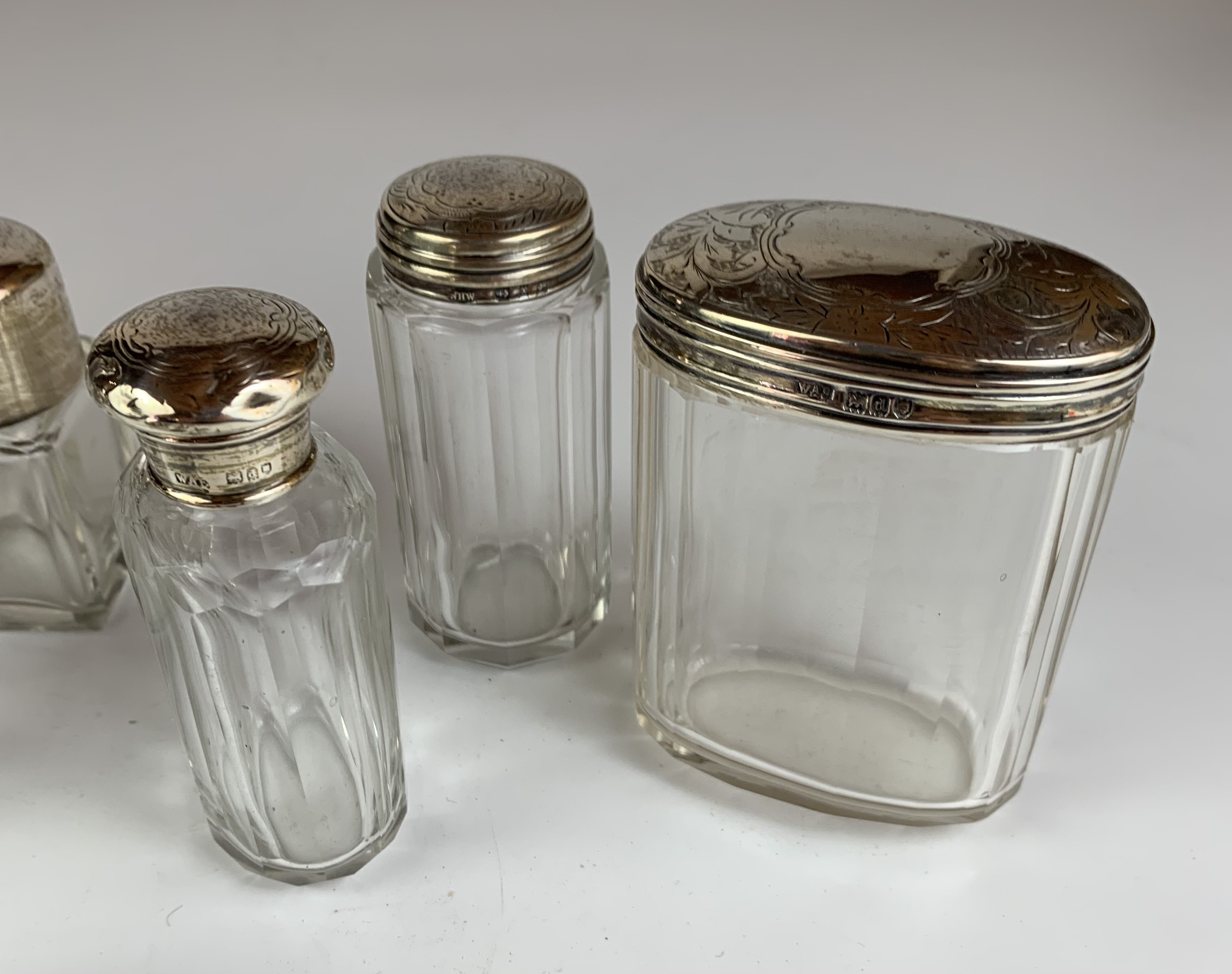 8 assorted silver topped glass bottles and silver thimble, tallest bottle 7” high - Image 5 of 6