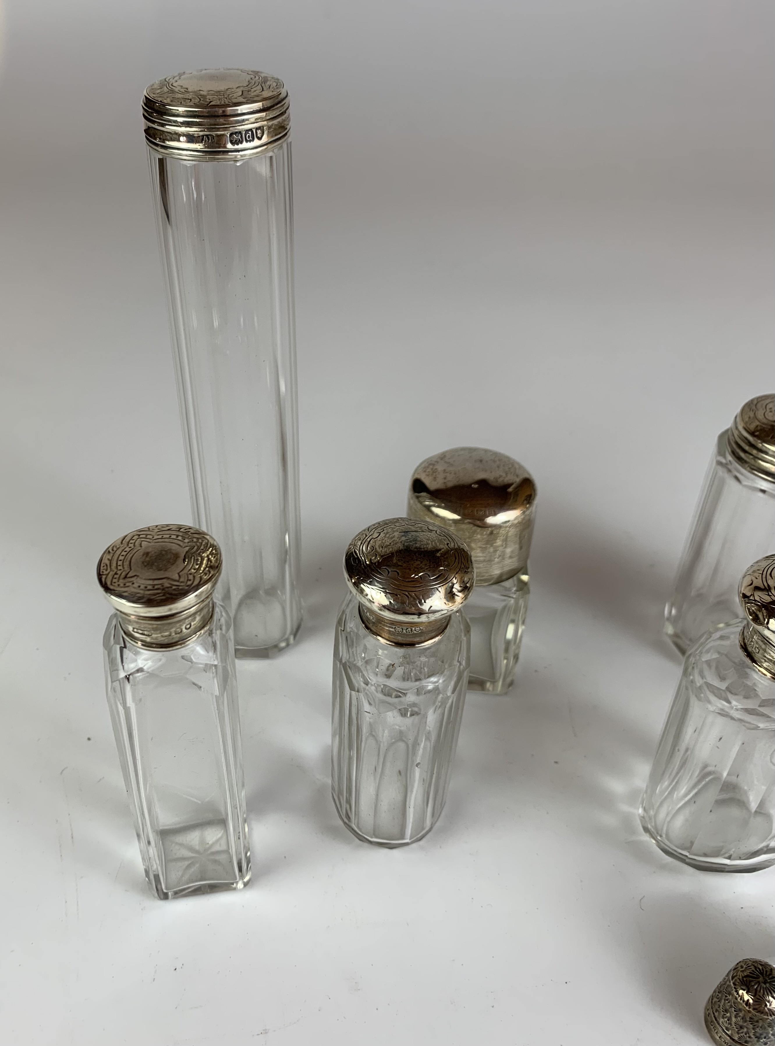 8 assorted silver topped glass bottles and silver thimble, tallest bottle 7” high - Image 4 of 6