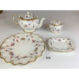Royal Crown Derby ‘Royal Antoinette’ teapot, sugar bowl, square plate and scalloped edge plate. Good