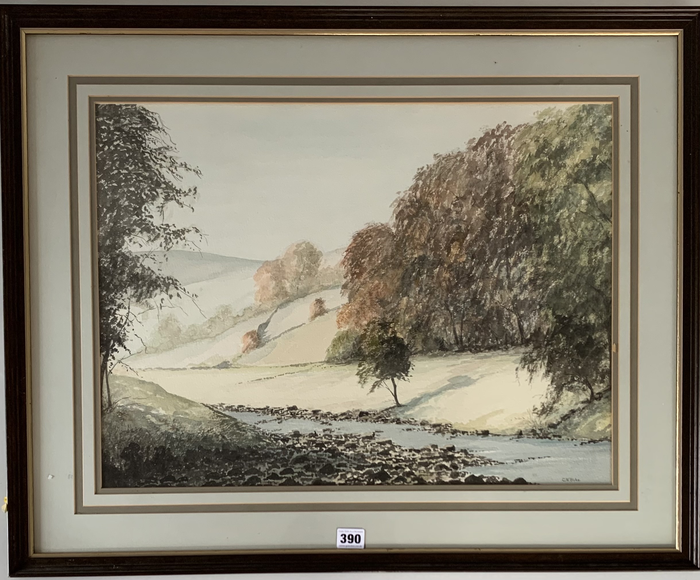 Watercolour of landscape by G.W. Birks. Image 23” x 17”, frame 30.5” x 24.5”