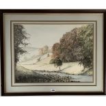 Watercolour of landscape by G.W. Birks. Image 23” x 17”, frame 30.5” x 24.5”
