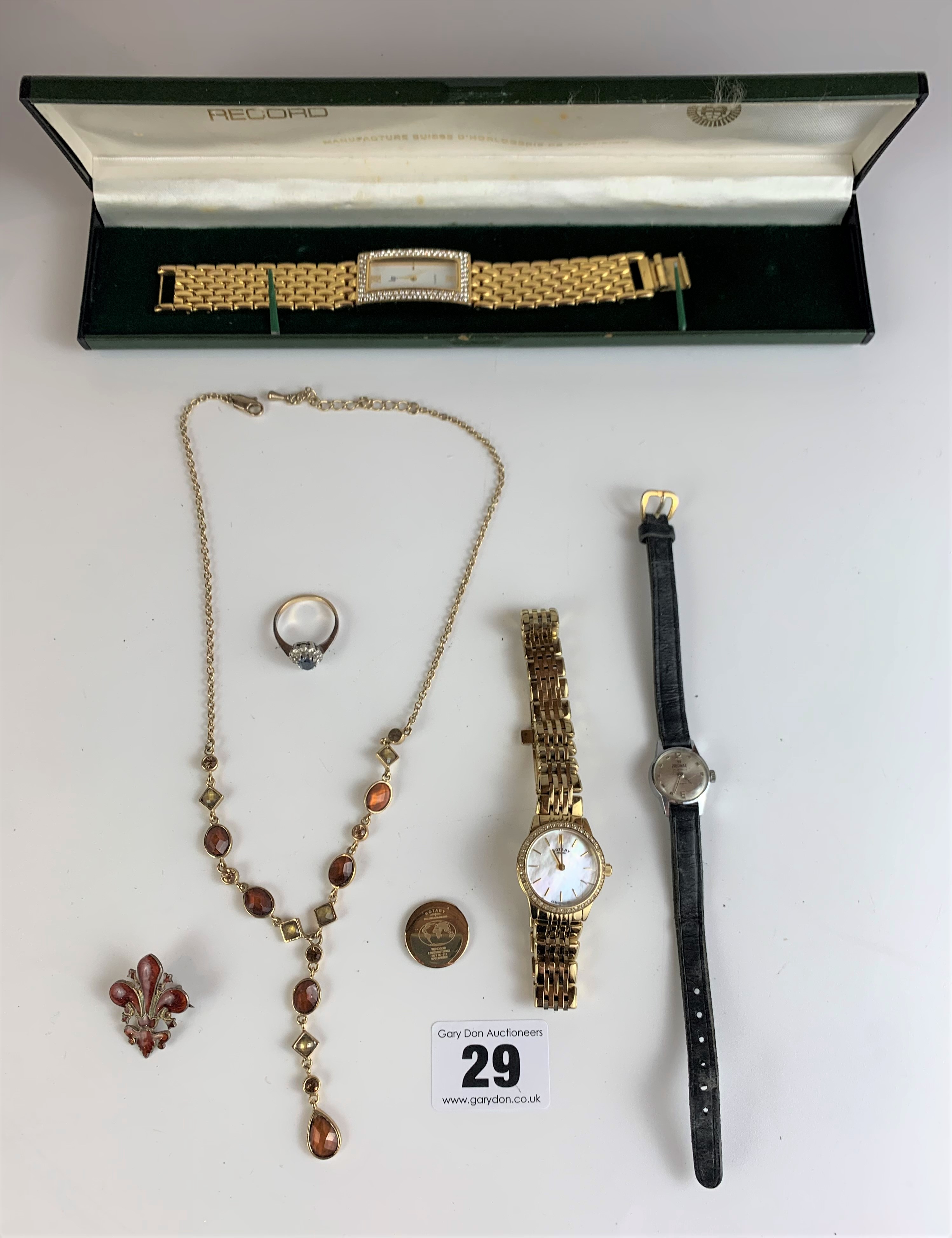 3 ladies dress watches, dress necklace, ring and brooch