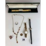 3 ladies dress watches, dress necklace, ring and brooch