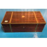 Rosewood table writing box which opens to form sloping top, inlaid with brass and with recessed