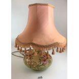 Green Moorcroft flower design table lamp with shade, 16” high to top of shade. No damage