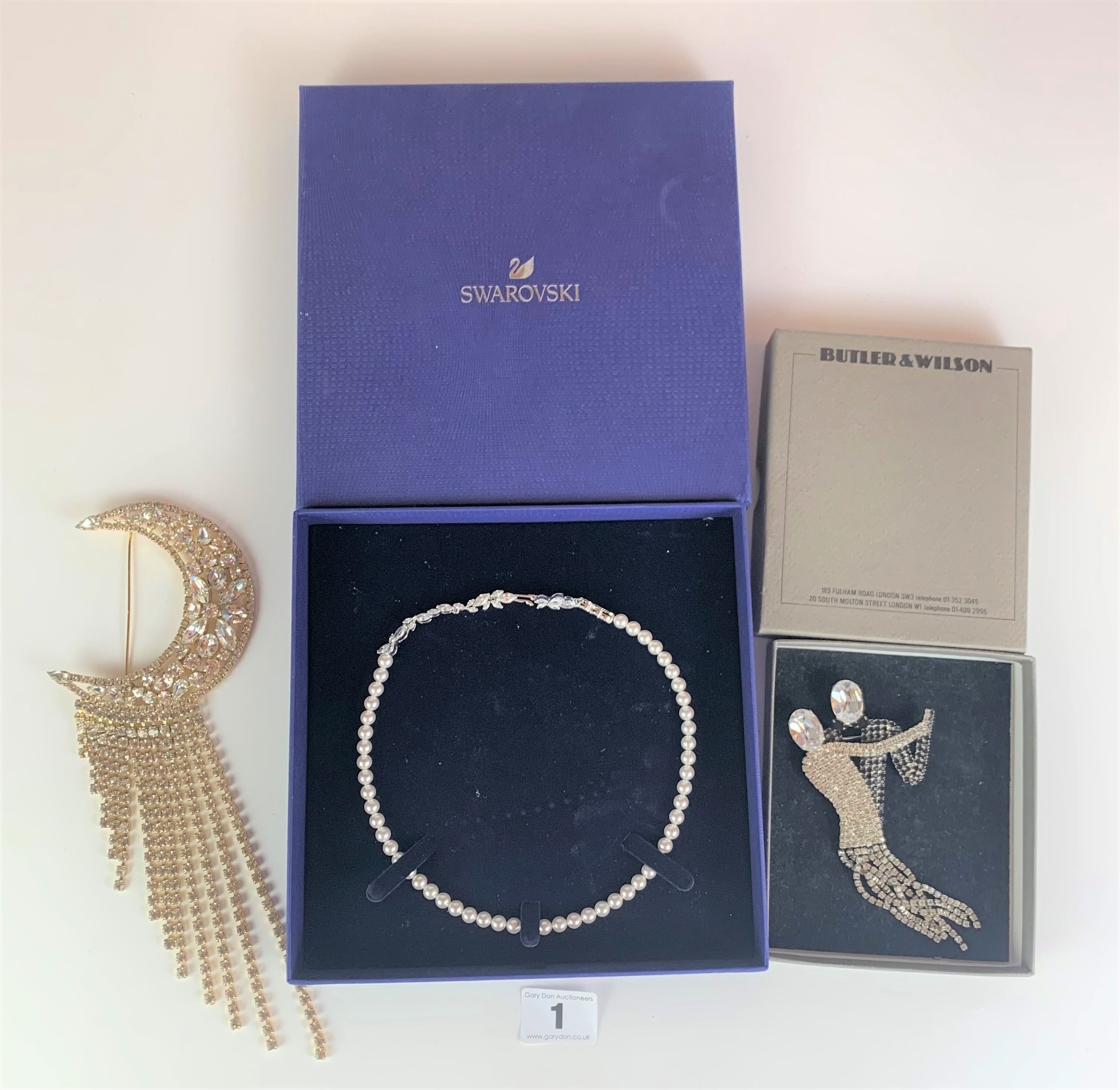 Boxed Swarovski and pearl necklace, boxed Butler & Wilson dancing couples brooch (length 5”) and