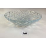 Vaseline glass dish with moulded exterior and feet. 9.25” wide x 3” high