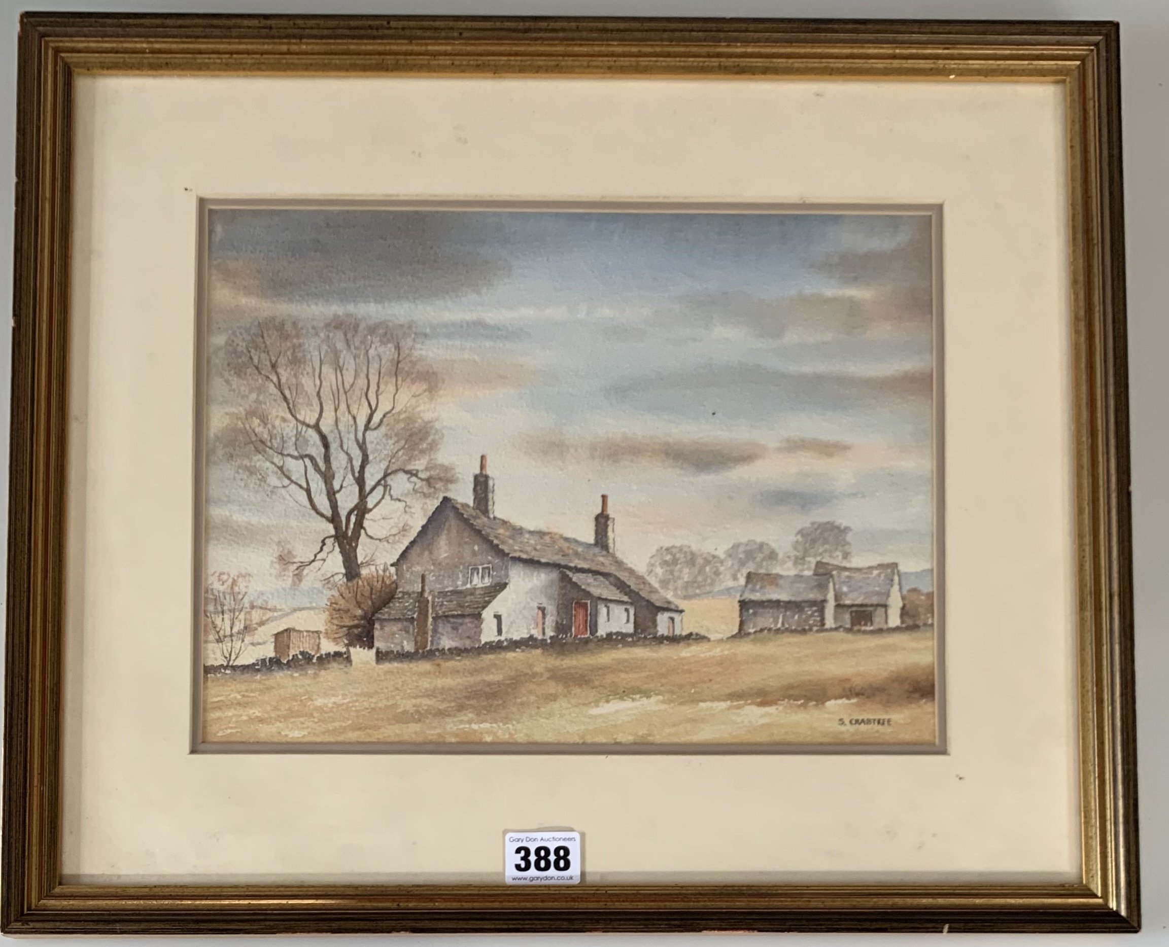 Watercolour of farmhouse by S. Crabtree. Image 12” x 9”, frame 18” x 15”