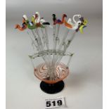 12 novelty vintage glass cocktail sticks with ducks, swans and storks in glass stand. Good