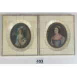 Pair of portrait miniatures of young women, image 3” x 2.5”, frames 5.5” x 5”
