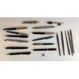 16 assorted pens and part pens and 2 compasses