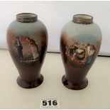 Pair of silver rimmed porcelain painted vases with scenes of harvesting. 5” high. Few surface