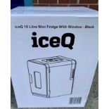 Boxed ICE Q 15 litre mini fridge with window, black, unopened as new