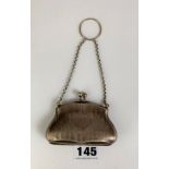 Silver plated purse with chain handle, 3” long x 2” high