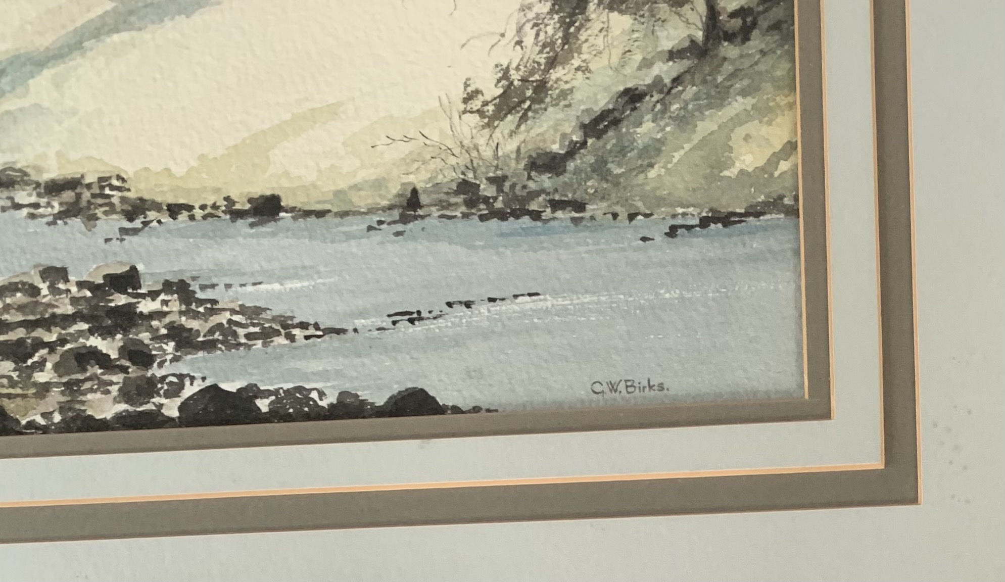 Watercolour of landscape by G.W. Birks. Image 23” x 17”, frame 30.5” x 24.5” - Image 2 of 3