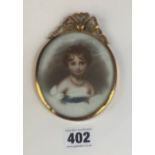 Portrait miniature of a young woman, overpainted. Image 3.5” x 3”, frame 5” x 3”