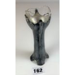 Pewter Art Nouveau 2 handled vase with iridescent glass trumpet liner, 6” high. Good condition