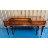 Converted harpsichord cabinet into desk with turned legs. 66” wide x 24” deep x 29” high