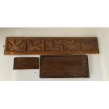 3 carved oak panels, 45” long x 9” wide, 22.5” long x 11” wide and 11” long x 6” wide