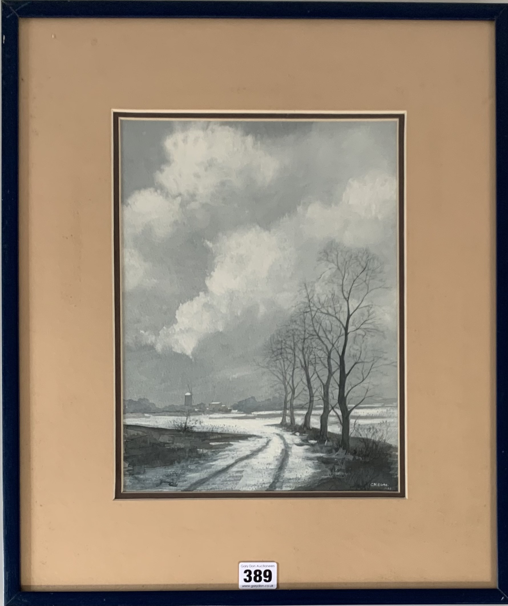 Watercolour of winter lane by G.W. Birks. Image 9” x 12”, frame 16.5” x 19.5”