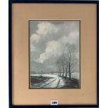 Watercolour of winter lane by G.W. Birks. Image 9” x 12”, frame 16.5” x 19.5”