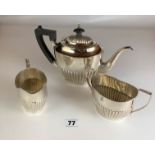 3 piece silver tea set – teapot, sugar and milk jug. Total w: 20 ozt