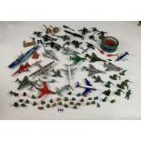 Box of assorted loose Matchbox, Corgi and other die cast and plastic airplanes, aircraft carrier,