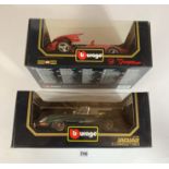 2 boxed Bburago 1:18 die cast cars – Jaguar E Cabriolet 1961 and Dodge Viper RT/10