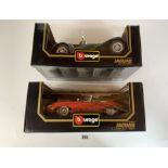 2 boxed Bburago 1:18 die cast cars – Jaguar SS100 1937 and Jaguar E Cabriolet 1961