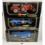 3 boxed Bburago 1:18 die cast cars – Alfa Romeo 8C 2300 Monza 1931, Bugatti EB110 1991 and Bugatti