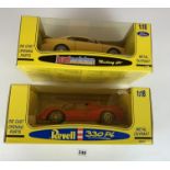 2 boxed Jouefevolution Revell 1:18 die cast cars – Ferrari 330 P4 and Ford Mustang GT