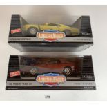 2 boxed American Muscle 1:18 die cast metal cars – 1996 Firebird Trans Am and 1970 Boss Mustang