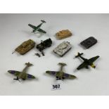 4 loose Corgi army tanks, US Army jeep, 4 military airplanes, 2 figures