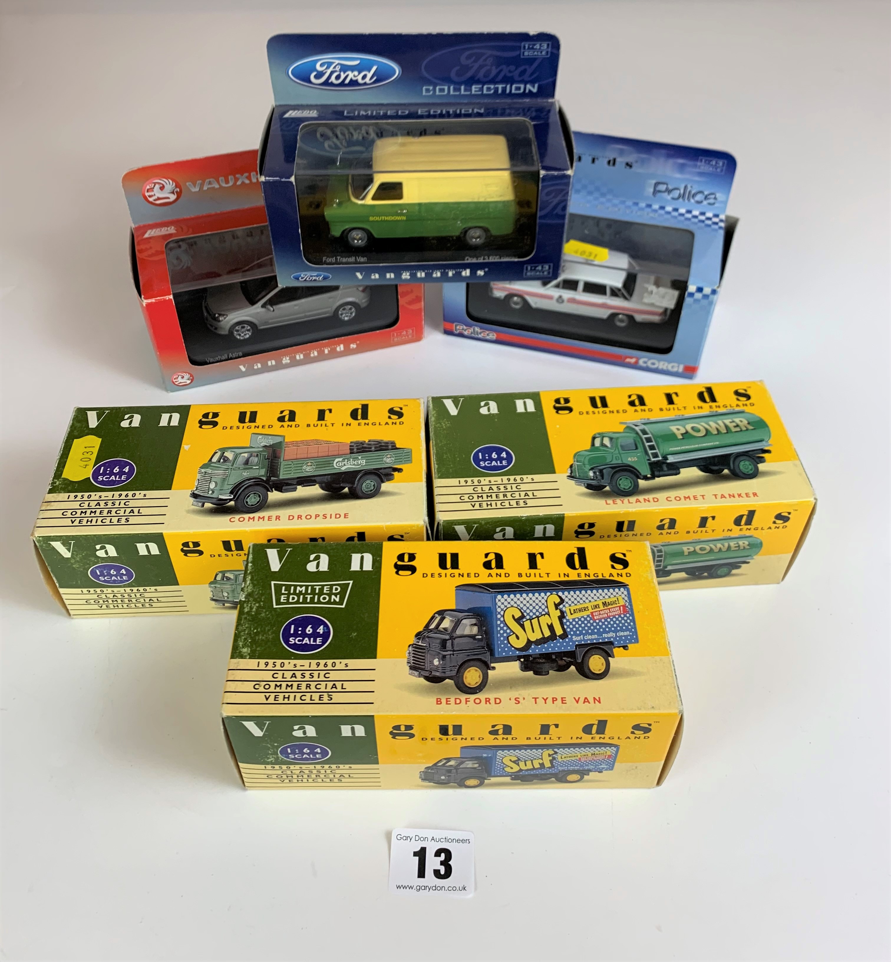 3 Boxed Vanguards Classic Commercial Vehicles- Bedford S type Van, Leyland Comet Tanker and Commer