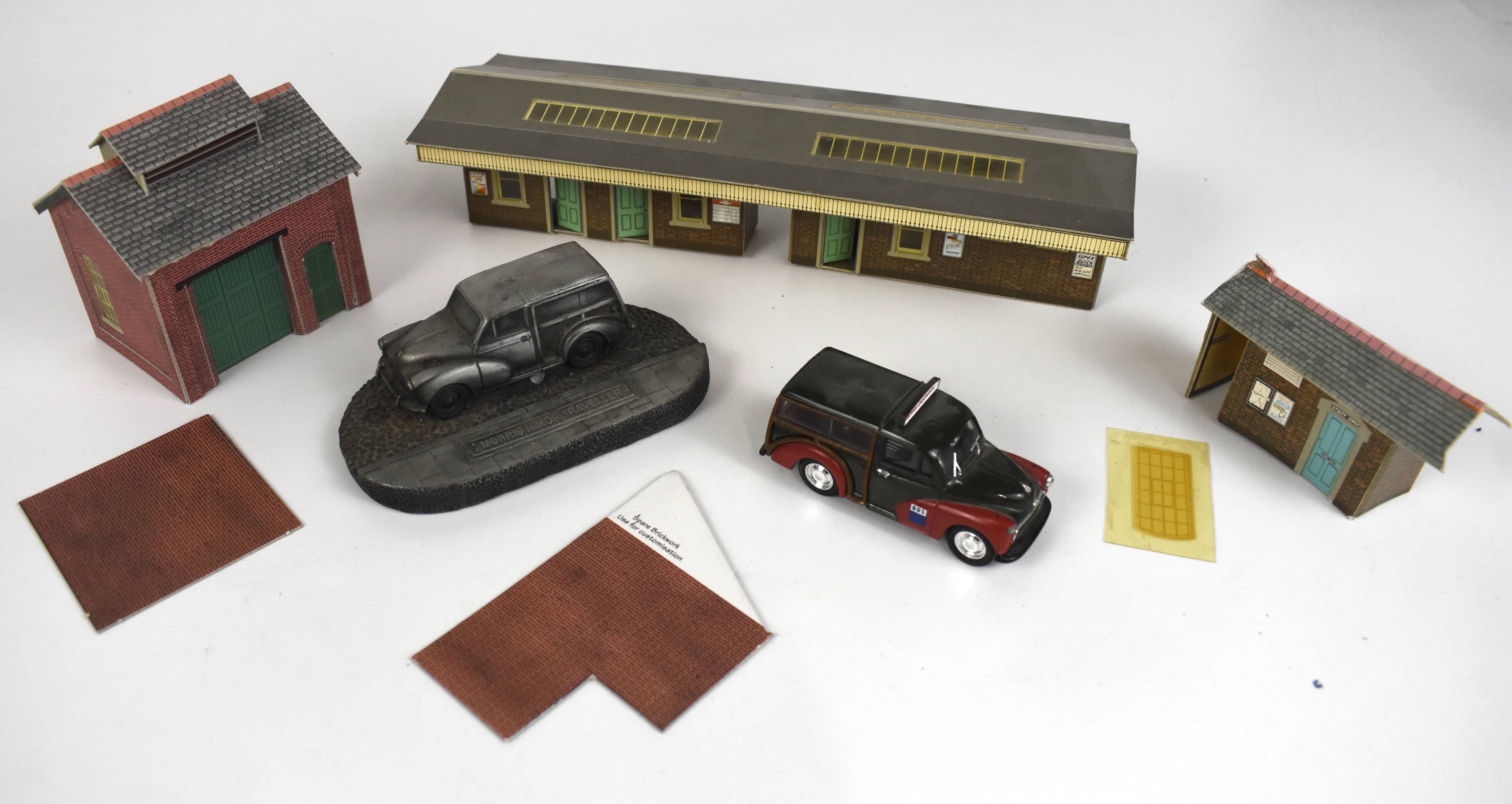 Assorted railway buildings, bridge and accessories, model Morris Minor Traveller and Corgi Morris - Image 4 of 4